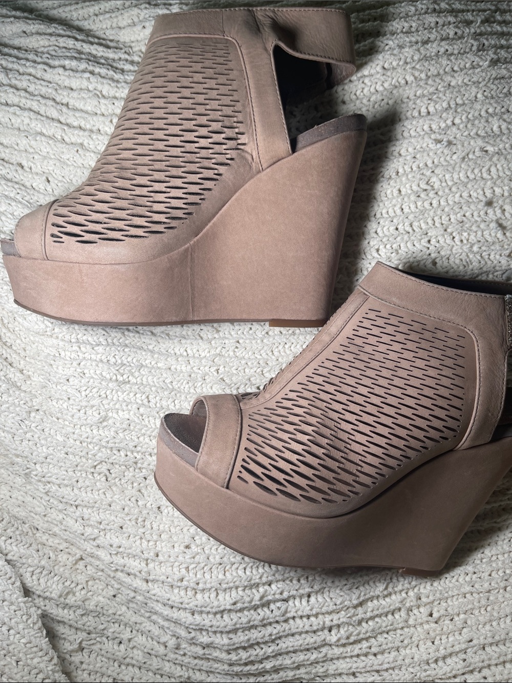 Vince Camuto Taupe Laser-Cut Peep-Toe Wedge Sandals
